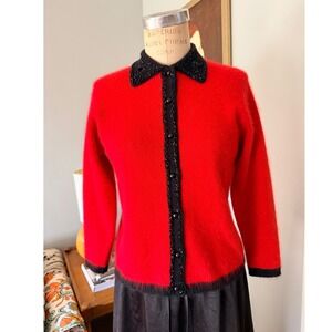 Rafaella VTG‎ Petite Red Black Angora Rabbit Hair Beaded Collar Cardigan Sweater
